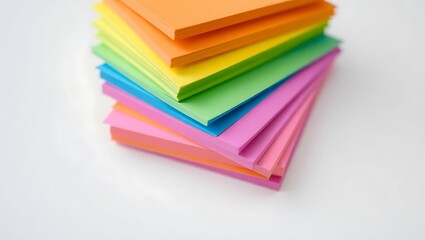 Colorful sticky notes stacked high on white background