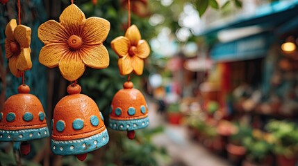 Naklejka premium Colorful decorative bells and flowers hanging in a market.