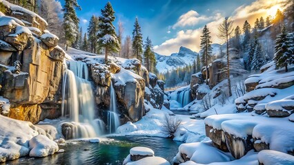 Majestic winter waterfall scene with snow covered trees and mountains