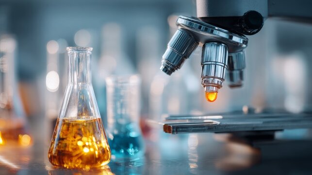 Microscope with laboratory glassware on a research bench, science laboratory experiment setup for chemistry and biology research, scientific equipment for r&d and laboratory analysis