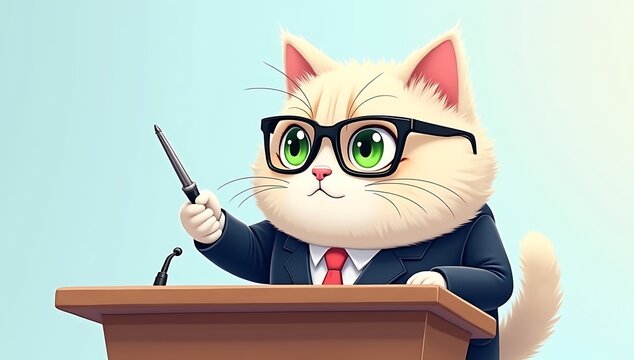 A fluffy cat wearing glasses and a business suit, standing at a podium giving a corporate presentation with a laser pointer.
