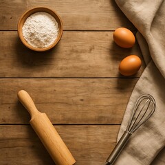 Rustic Baking Flat Lay with Flour, Eggs, and Whisk on Wooden Counter