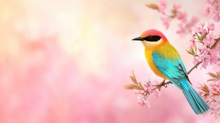 Obraz premium Colorful bird perched on branch with pink blossoms