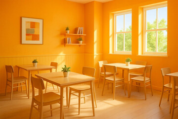 Warm sunlight fills luxurious wooden room with stained glass window