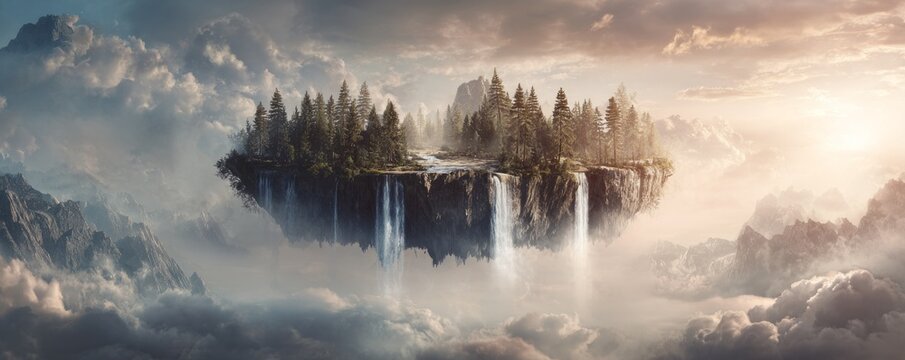A breathtaking floating island, nestled amidst a majestic landscape of soaring mountains and swirling clouds, showcases a serene and mystical atmosphere. - Powered by Adobe
