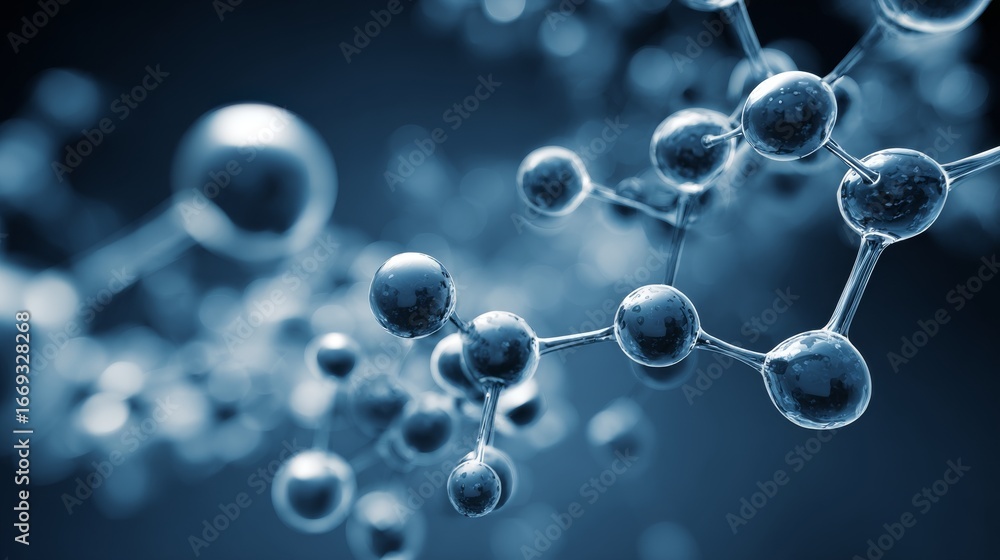 Poster abstract molecular structure with interconnected atoms and bonds on a futuristic blue science backgr