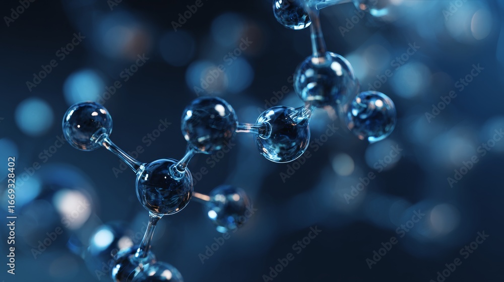Poster futuristic molecular structure with hexagonal patterns on a blue science background for biotechnolog