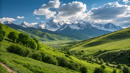 Vibrant green mountain valley under a dramatic blue sky