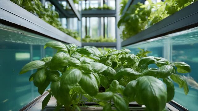 A plant is growing in a small container in a fish tank. Closeup basil plants in vertical aquaponics rack with fish swimming below, vertical aquaponics farm, fresh vibrant green