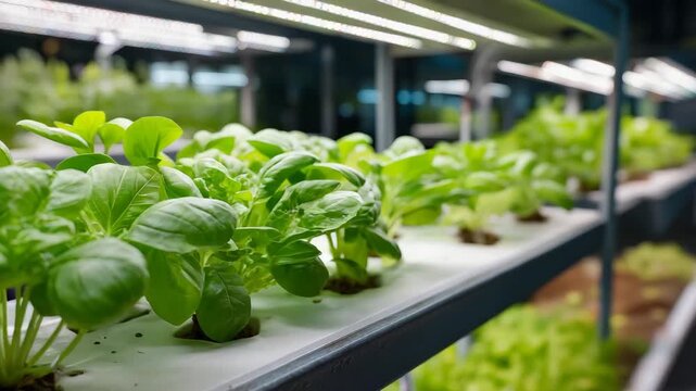 A row of leafy green plants are growing in a greenhouse. Closeup basil plants in vertical aquaponics rack with fish swimming below, vertical aquaponics farm, fresh vibrant green