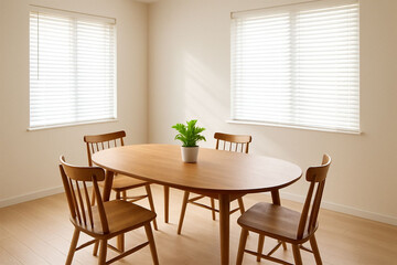 Fototapeta premium Cozy dining room scene with round table and chairs sunlight through window soft light