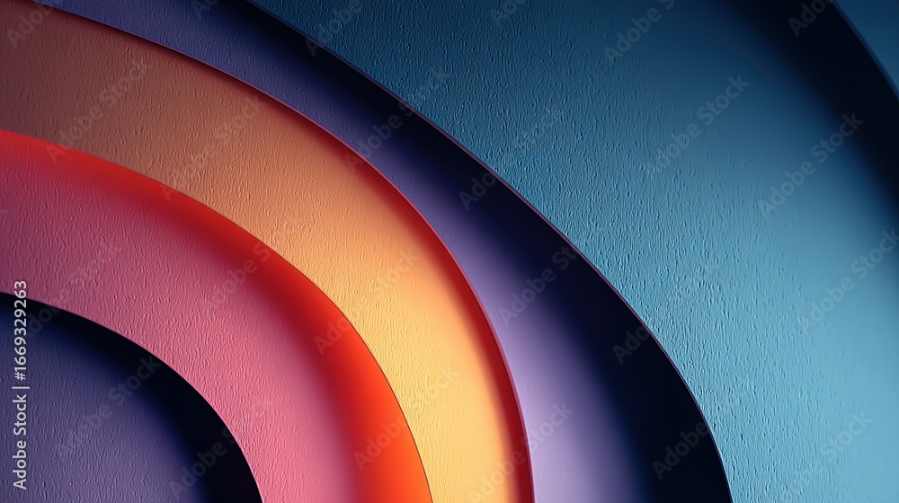 Poster abstract colorful curved shapes layered creating a visually interesting pattern.