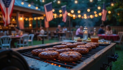 Backyard barbecue with American flags and string lights