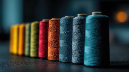 Colorful spools of thread arranged in a row.