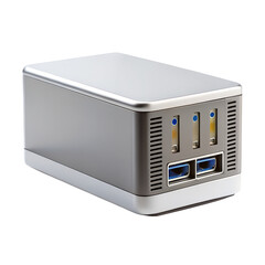 Fototapeta premium A sleek white quadcopter drone with a gimbal mounted camera suspended below against a stark black background