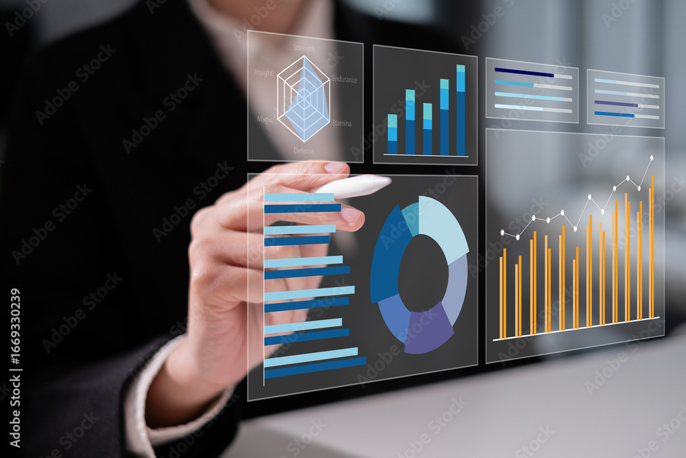 Poster professional entrepreneur businessman working on data analysis visualize graph information dashboard