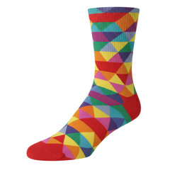 Vibrant geometric patterned sock with red toe and heel angled view isolated on white background