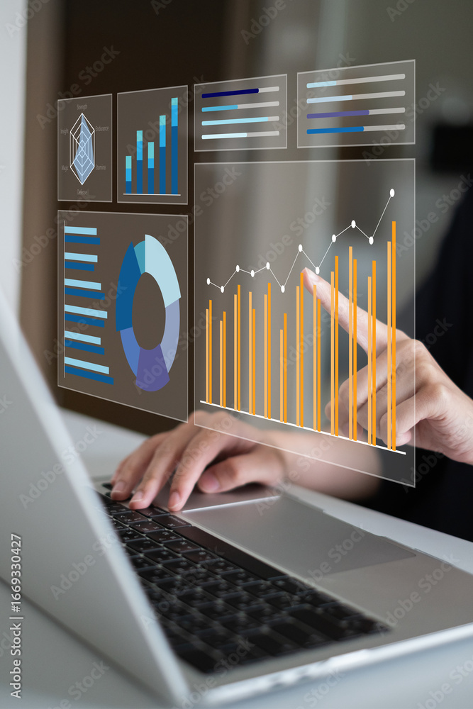 Aufkleber businessman working on data analysis chart graph dashboard information e-business client trend onlin