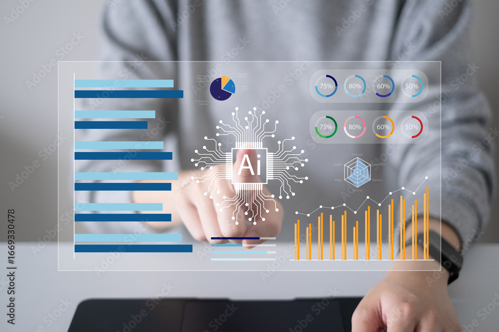 Poster businessman using artificial intelligence algorithm to analysis data information from social media e