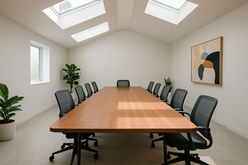 Fototapeta premium Modern office conference room with wooden table and chairs for business meetings