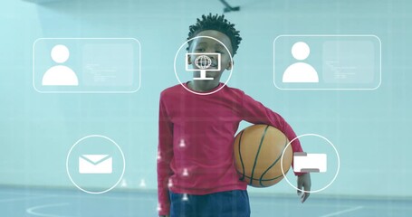Child gripping basketball on court and activating technology overlay morphing icons then dissolving - Powered by Adobe