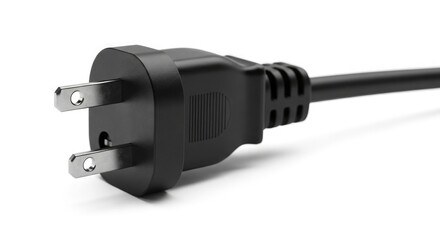 Black electrical plug with metal prongs and cable power cord