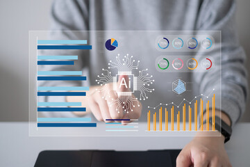 Businessman using artificial intelligence algorithm to analysis data information from social media e-business online shopping platform planning marketing strategy sales improvement technology software