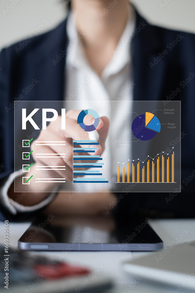 Poster professional businessman working on kpi dashboard graph chart visualization report growth project pr