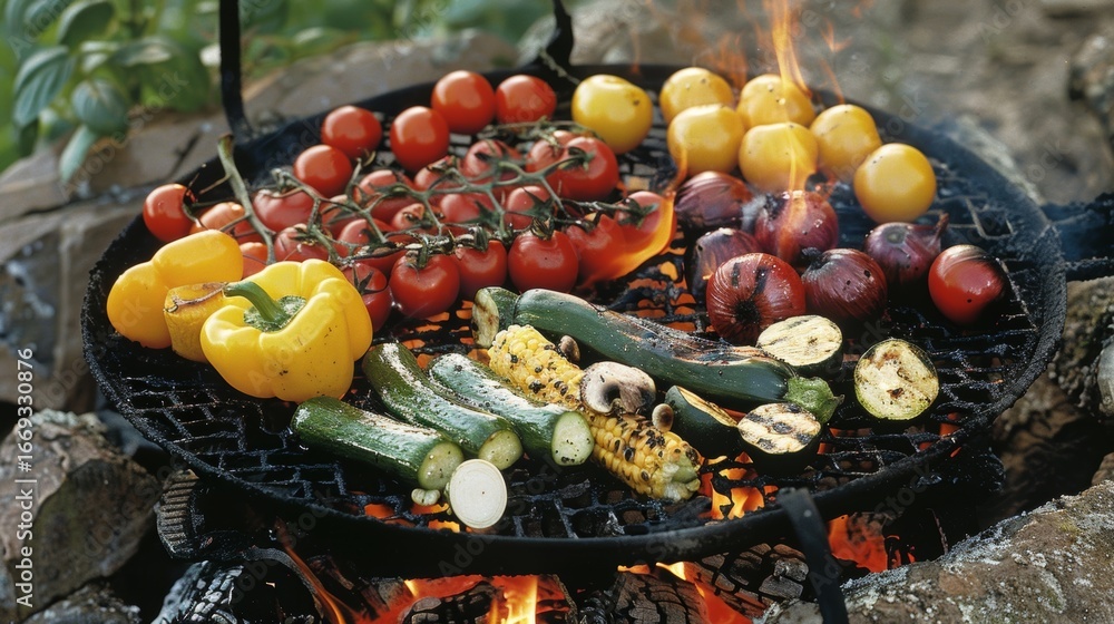 Poster a mouthwatering array of vegetables grilling over an open flame.