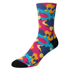 Vibrant crew sock with retro floral pattern and black toe detail isolated on white background