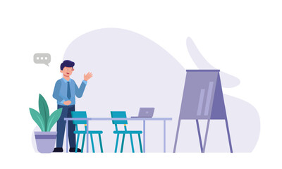 Illustration vector graphic of businessman giving presentation with laptop, chairs, and whiteboard, perfect for business training, corporate meeting, education, and teamwork concepts.