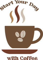 Stylized coffee cup with steam and beans