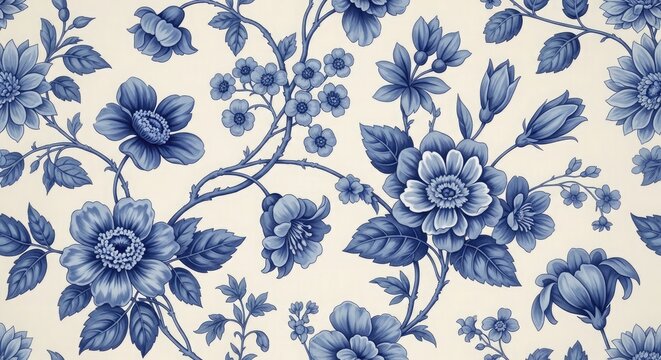 Blue floral pattern on a cream background flowers