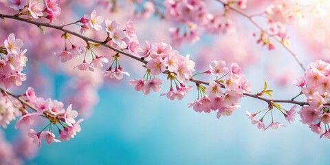 delicate pink cherry blossom branches gracefully arching against a soft pastel blue sky