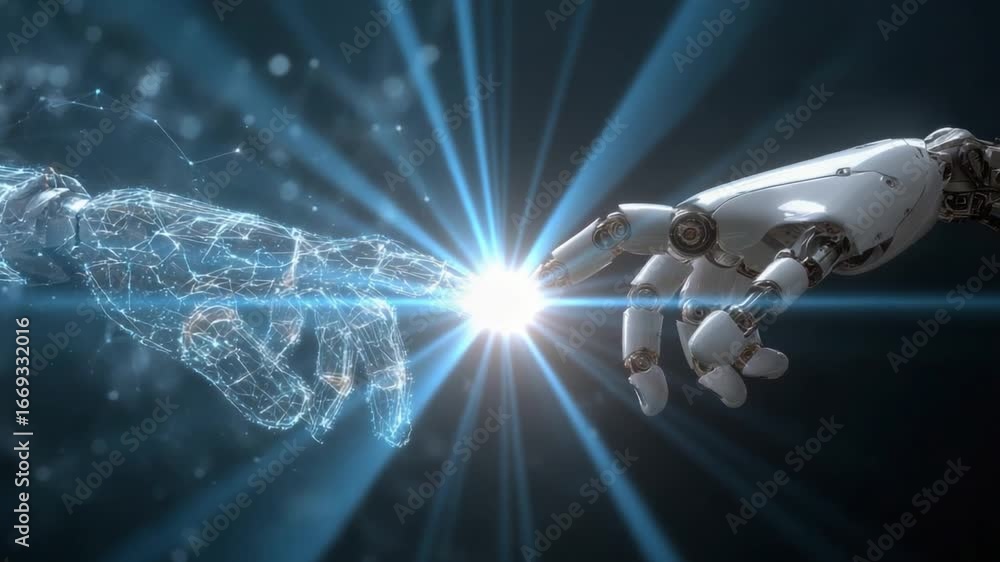 Poster digital touch: a symbolic digital representation of human and robotic hands approaching each other, 