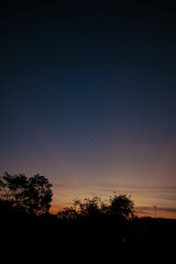 Peaceful Twilight Sky with Crescent Moon and Silhouetted Trees at Sunset
