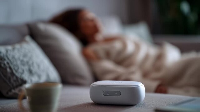 Focused medium shot of a sleek automated device delivering controlled buprenorphine microdoses while the users relaxed face and cozy home setting gently blur into the background.