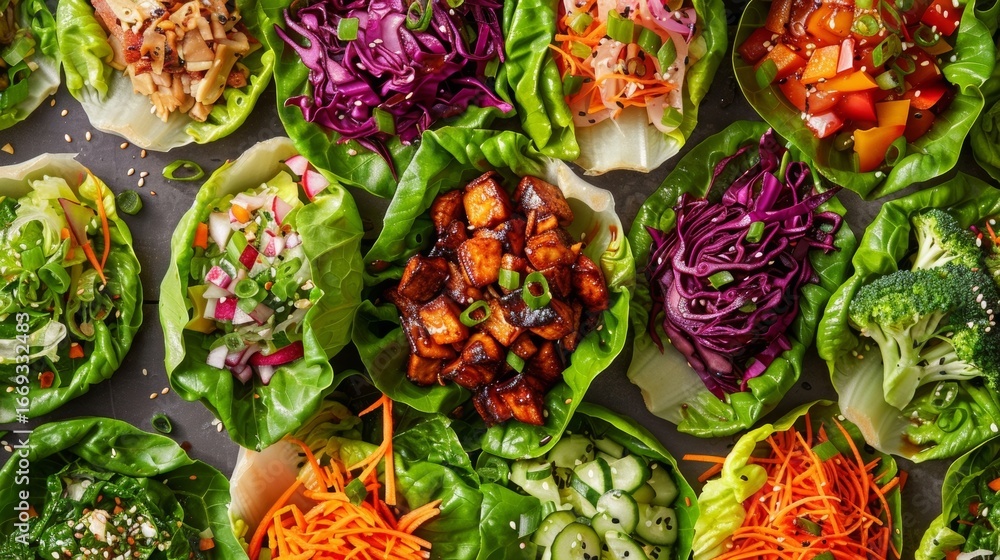 Poster a colorful array of romaine lettuce wraps each filled with different fillings such as teriyaki chick