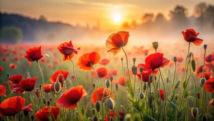 Obraz premium Field of vibrant red poppy flowers under soft morning light in a misty atmosphere