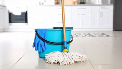 bucket with mop, gloves, and cleaning spray