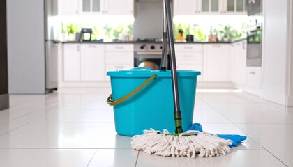 bucket with mop, gloves, and cleaning spray