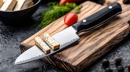 A chefâ€™s knife slicing tofu, captured in sharp detail with dimmed surroundings
