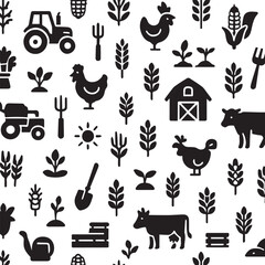 Vector seamless pattern of farm icons (tractor, crops, tools, animals) with white background © Abdullah