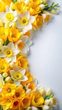 Beautifully arranged yellow freesia and white daffodil flowers in a elegant border