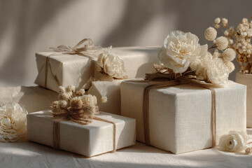 elegant arrangement of beautifully wrapped gifts using natural materials set against clean background