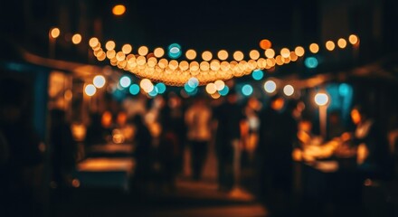 Blurred night market with string lights and bokeh street