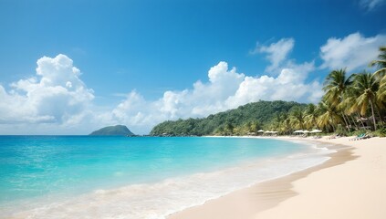 Beautiful beach with clear blue water and white sand under a sunny sky.
