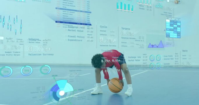 Boy entering court performing dribble drills in sports training, monitoring performance metrics