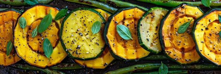 Summer squash slices crisped to perfection are nestled a a mountain of grilled green beans.