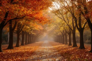 Fototapeta premium A golden autumn path under a misty sky.